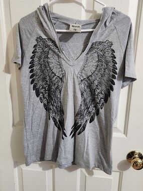 Vocal Gray Short Sleeve Hooded Tee with Black Angel Wing Graphic